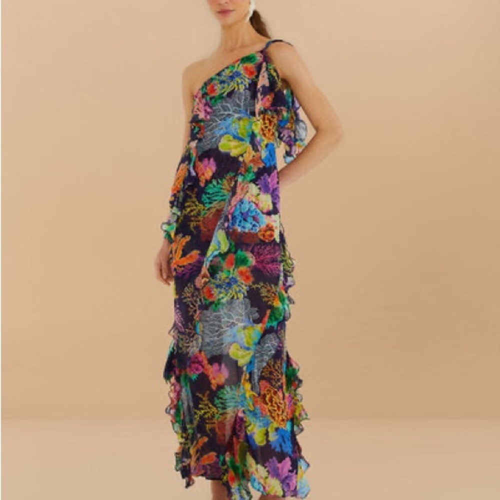 NWT Farm Rio Navy Blue Vibrant Coral Garden One-Shoulder Maxi Dress Medium